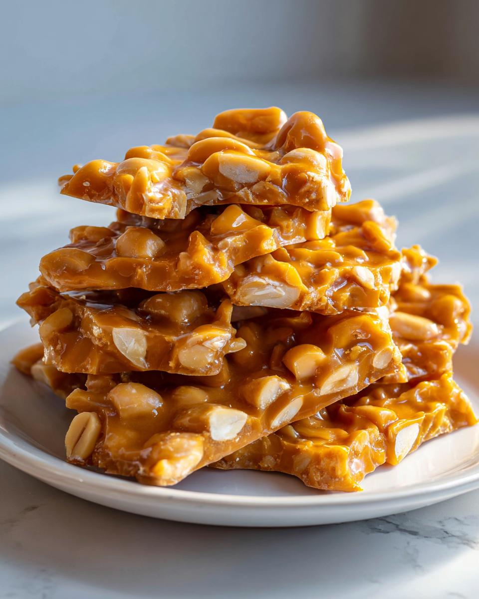 A stack of golden brown, glossy pieces of homemade peanut brittle recipe loaded with whole peanuts.