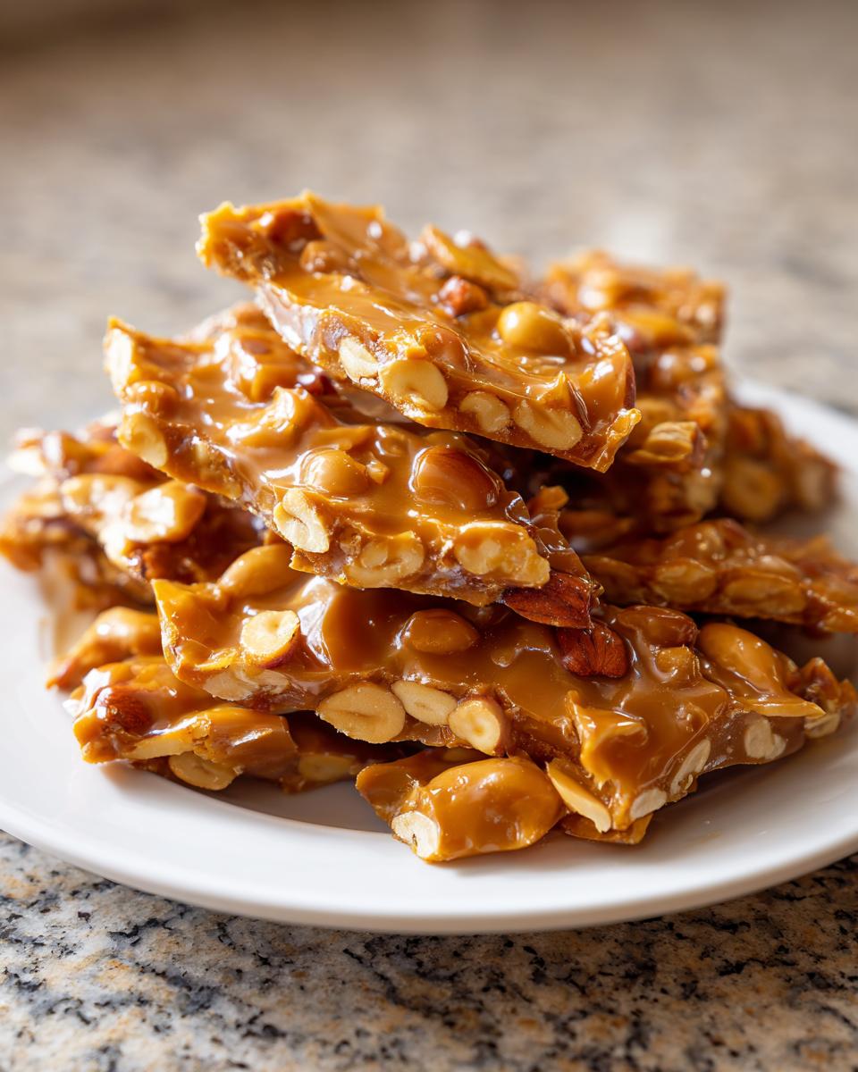 A stack of broken, glossy pieces of homemade peanut brittle recipe on a white plate.