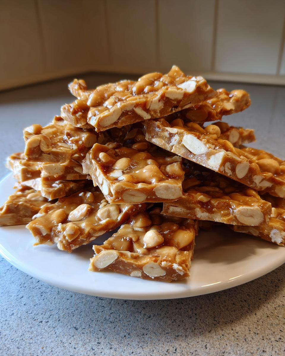 A pile of freshly broken pieces of homemade peanut brittle recipe stacked on a white plate.