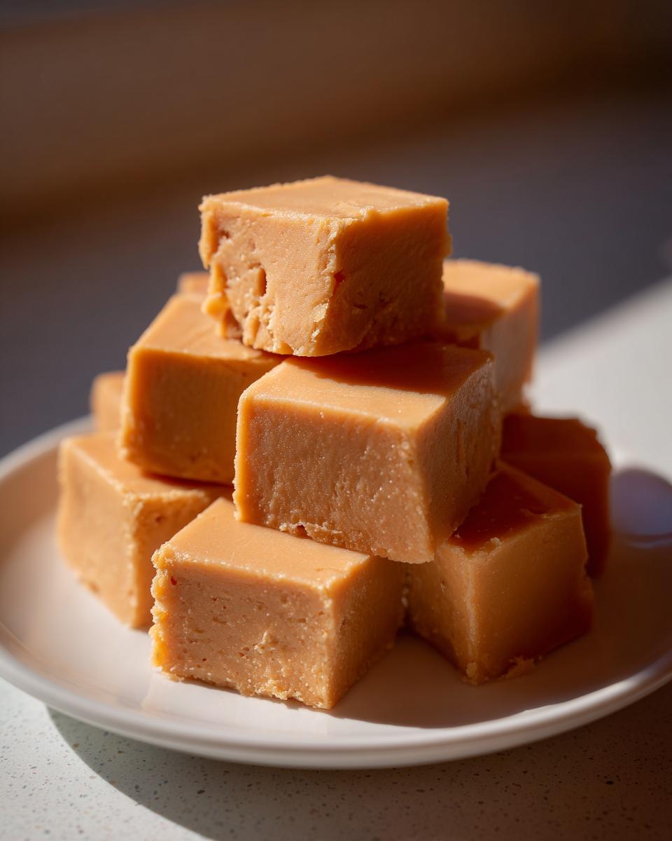 A tempting stack of homemade peanut butter fudge squares piled high on a white plate.