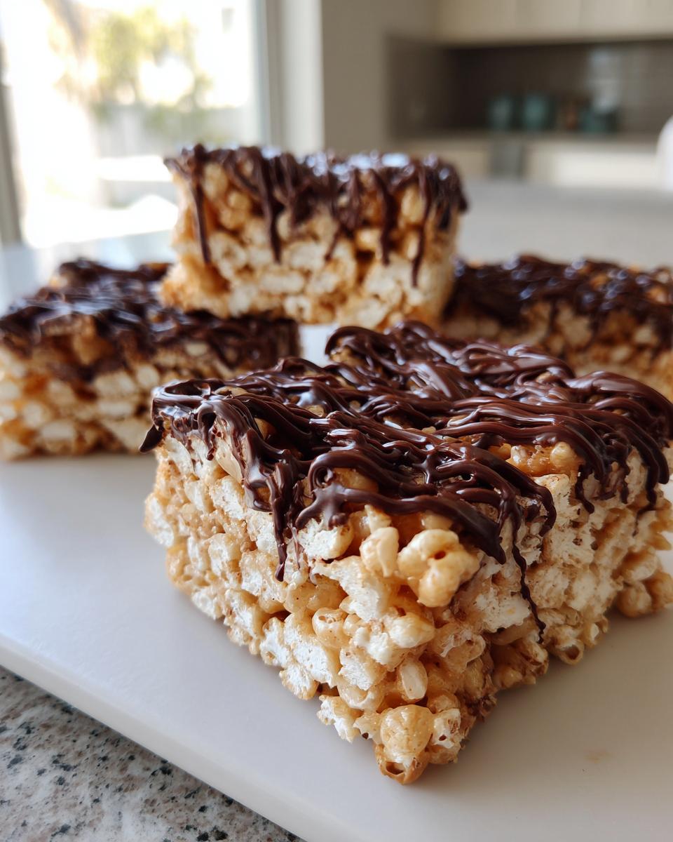 Close-up of square peanut butter rice krispie treats topped with a rich chocolate drizzle.