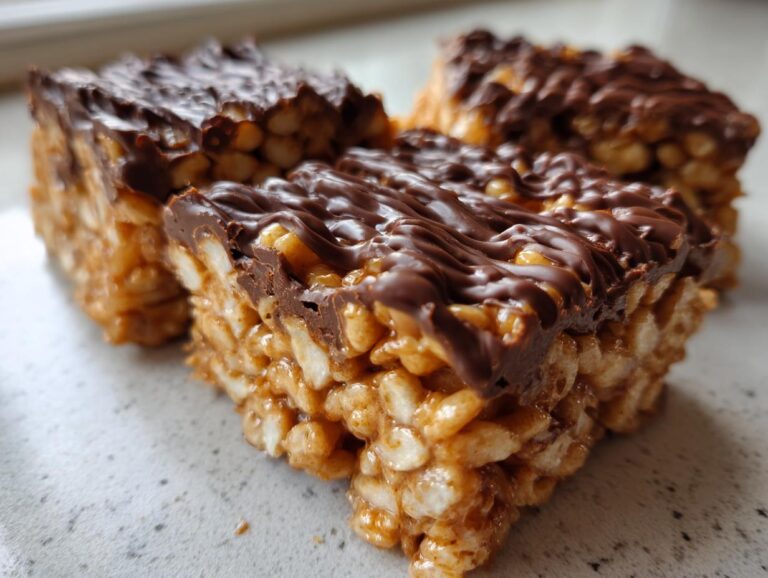 Close-up of three squares of peanut butter rice krispie treats topped with drizzled chocolate.