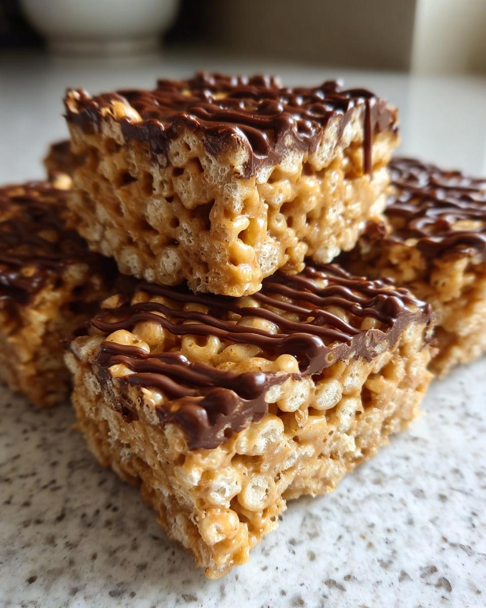 Four squares of thick peanut butter rice krispie treats stacked, topped with a rich chocolate drizzle.