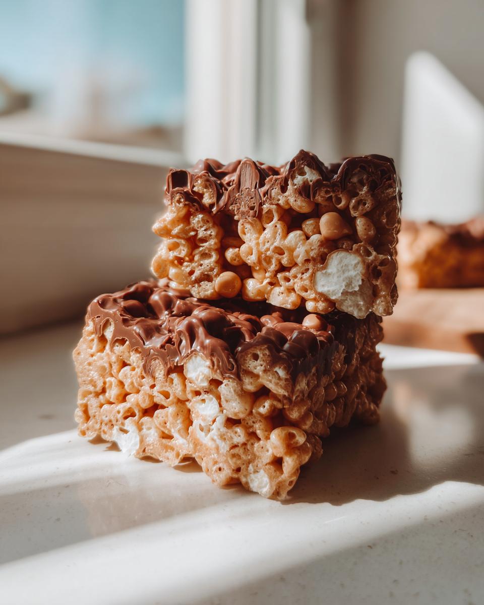 Two stacked peanut butter rice krispie treats squares topped with melted chocolate drizzle, sitting on a light surface.