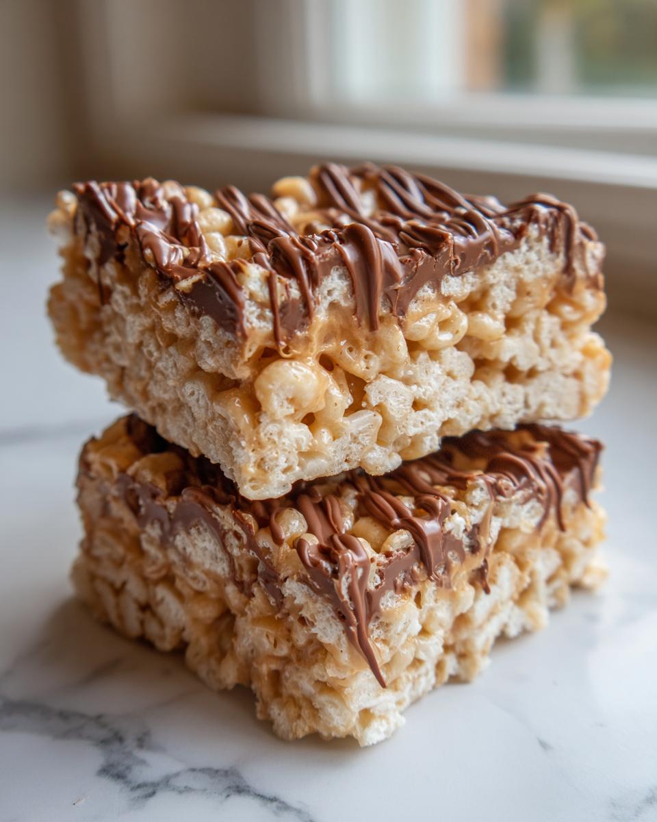 Two stacked peanut butter rice krispie treats squares topped with melted chocolate drizzle, resting on a marble surface.