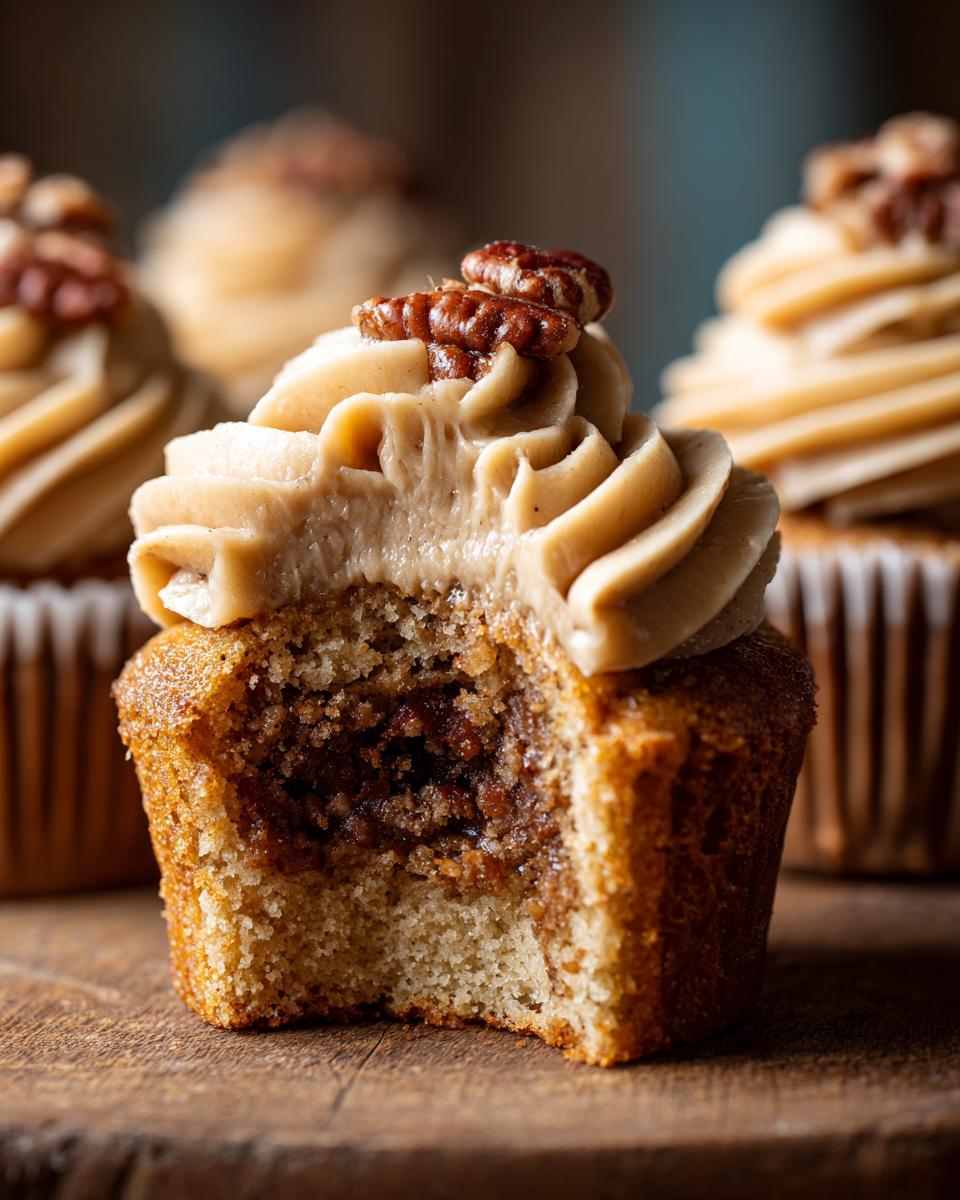 Close-up of a pecan pie cupcakes with a bite taken out, revealing the gooey filling and topped with pecan frosting.
