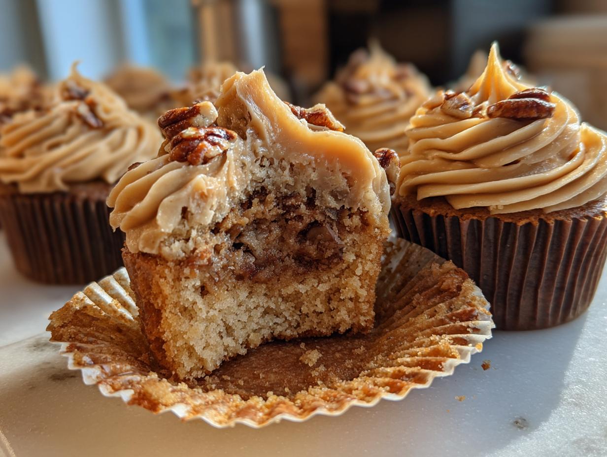 A close-up of a pecan pie cupcake cut in half showing the filling, next to a whole one topped with pecan pie frosting.