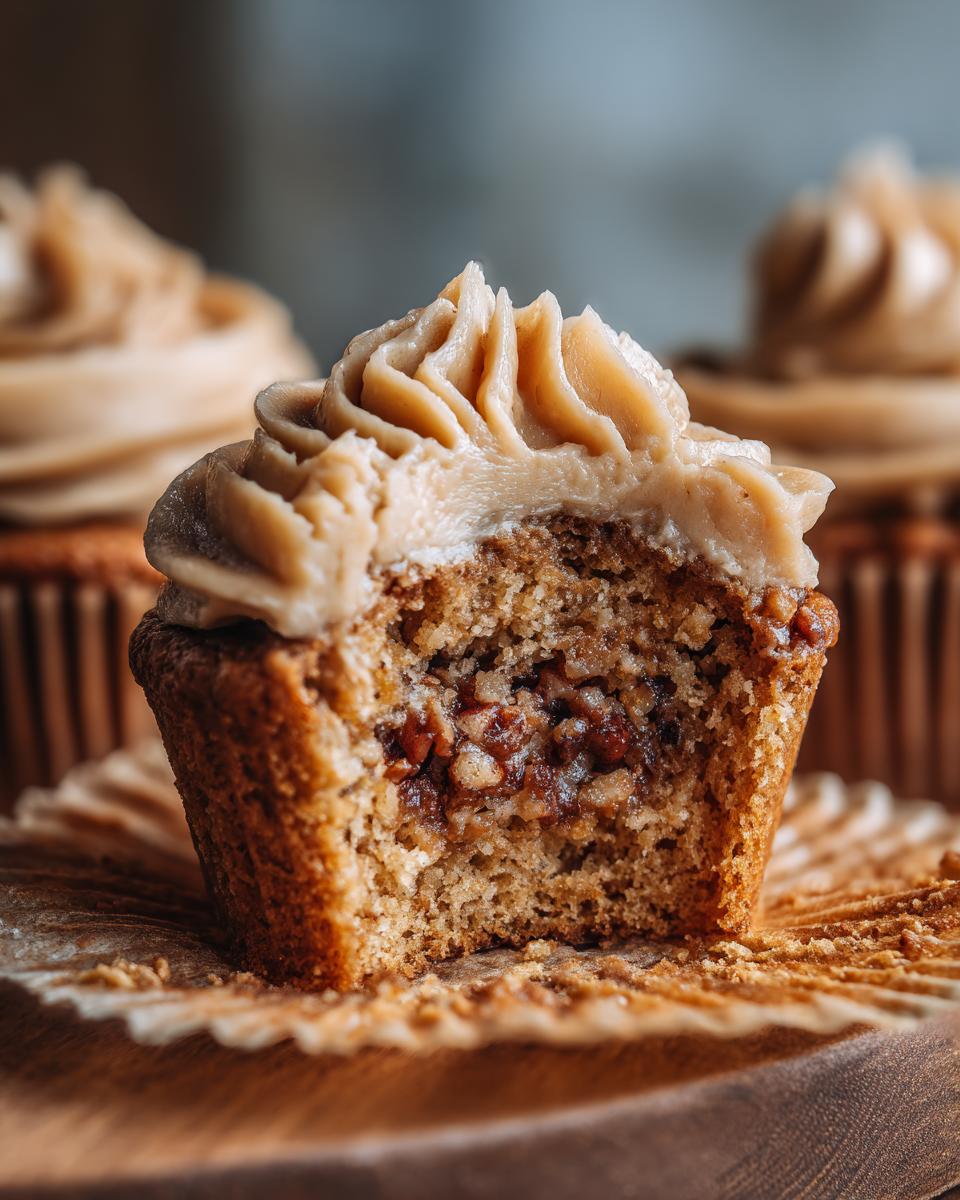 Close-up of a pecan pie cupcakes cut in half showing gooey pecan filling and caramel frosting.