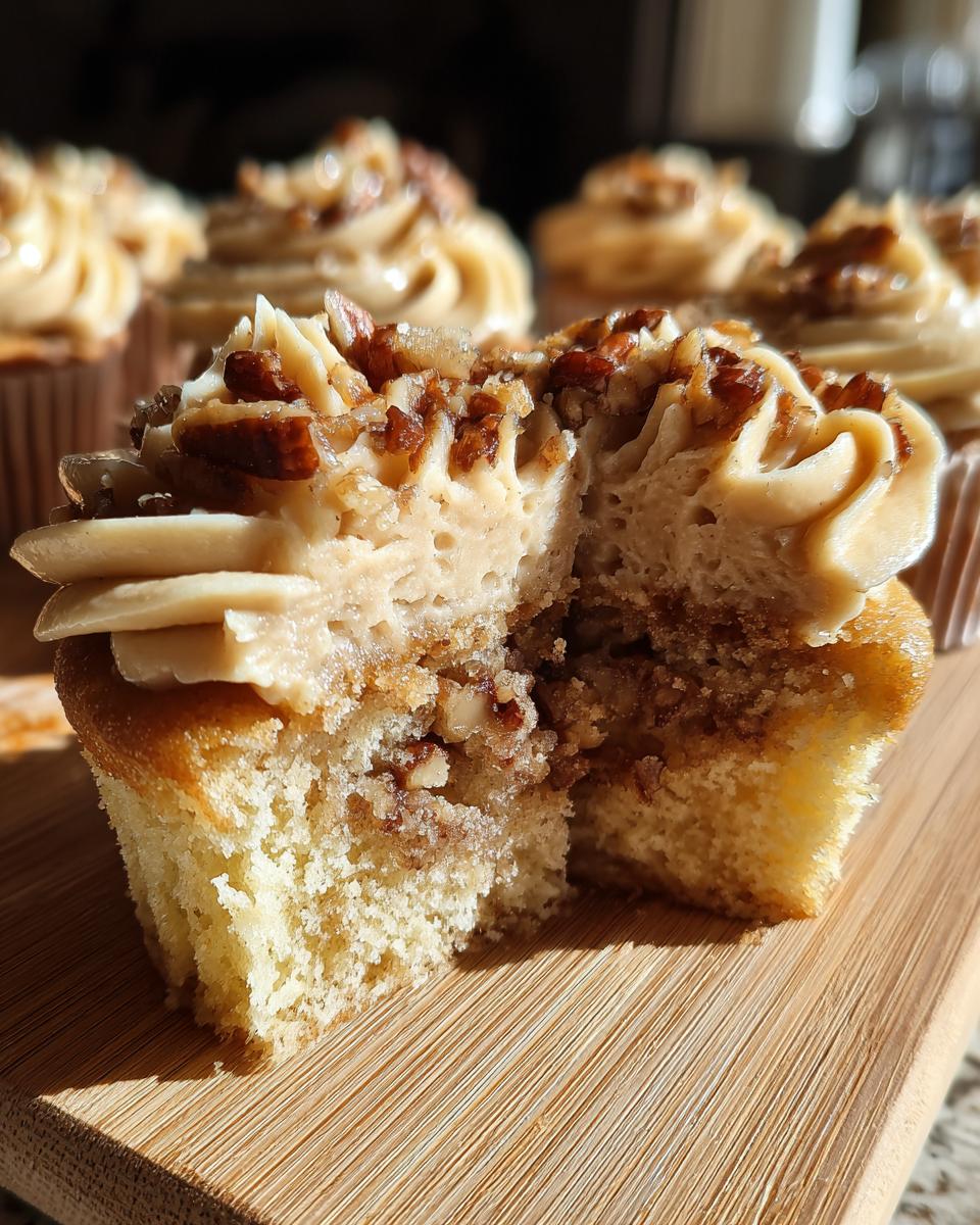 Close-up of a pecan pie cupcakes cut in half showing the cake, filling, and pecan frosting topping.