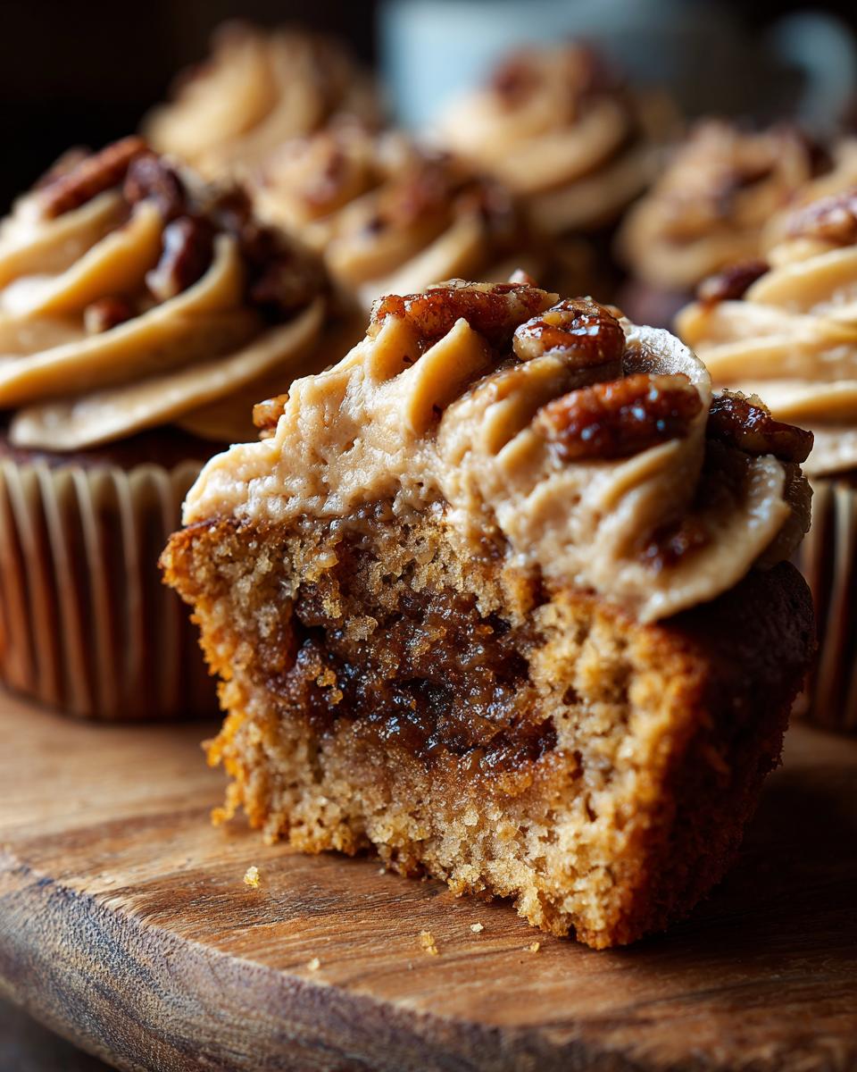 Close-up of a pecan pie cupcakes cut in half showing gooey filling, brown frosting, and candied pecans on top.