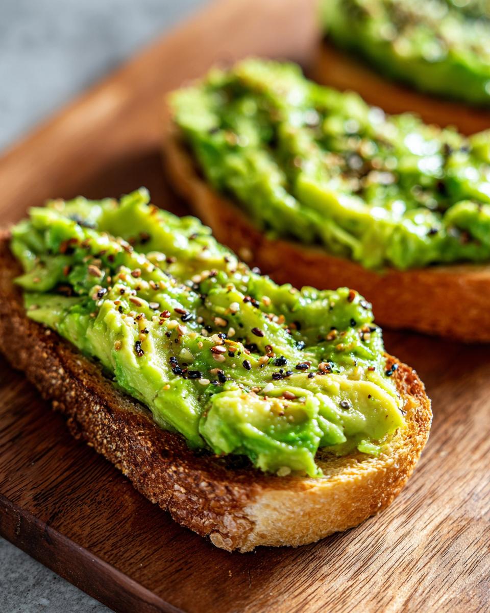 Close-up of perfectly mashed avocado toast topped with everything bagel seasoning on a wooden board.