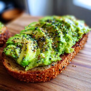 Close-up of perfect avocado toast on toasted multigrain bread, topped with sliced avocado and everything bagel seasoning.