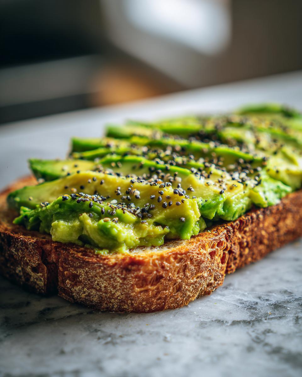 Close-up of perfectly sliced avocado toast topped with chia and sesame seeds on marble.