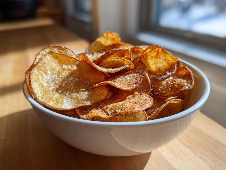 A white bowl filled with golden brown, crispy homemade potato chips seasoned with salt, sitting on a wooden surface.