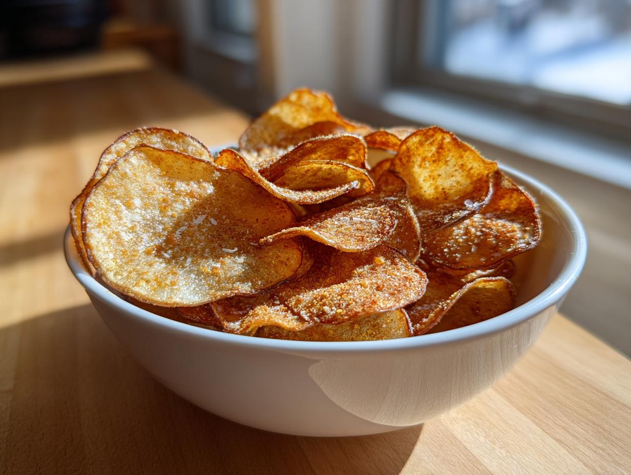 A white bowl filled with golden brown, crispy homemade potato chips seasoned with salt, sitting on a wooden surface.