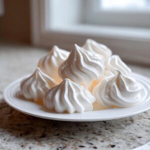 A close-up of several perfectly piped, white meringue cookies stacked on a white, ridged plate.