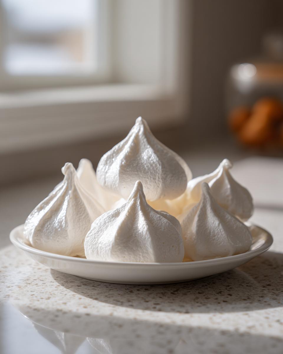 A close-up of several perfectly piped, white meringue cookies piled on a small white saucer.