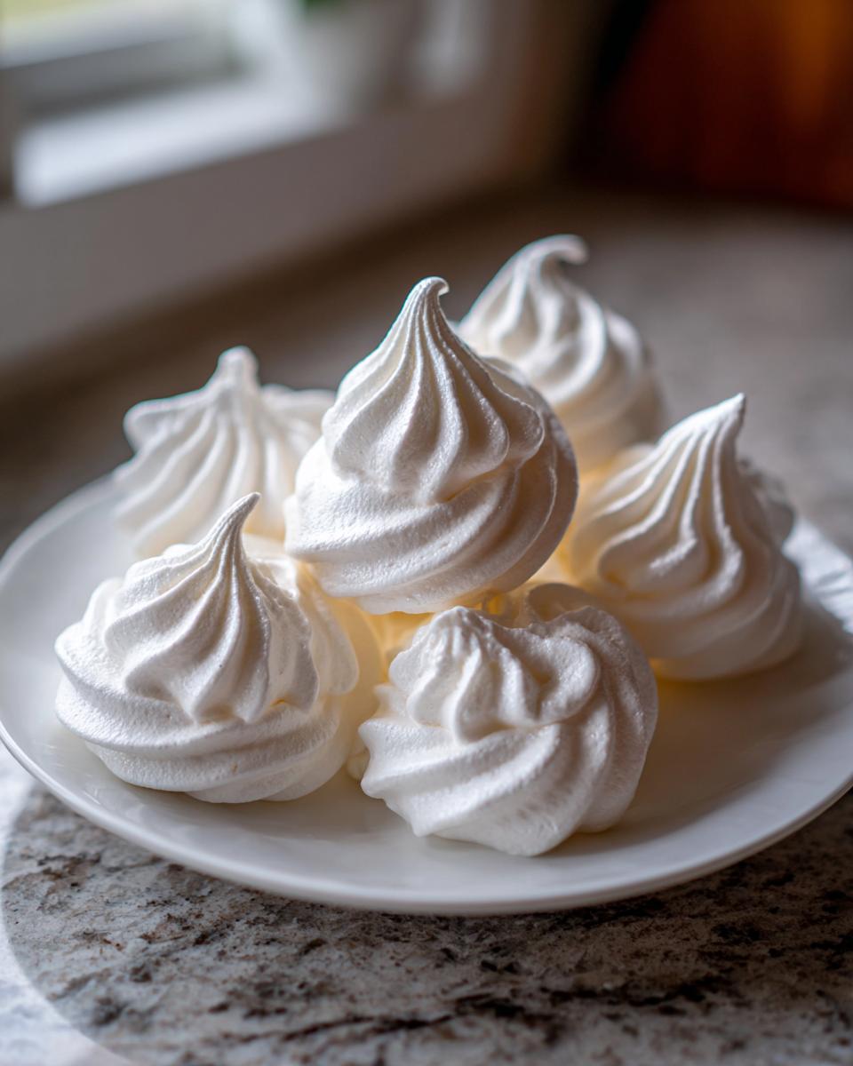 A close-up of several perfectly piped, crisp white meringue cookies stacked on a small white plate.