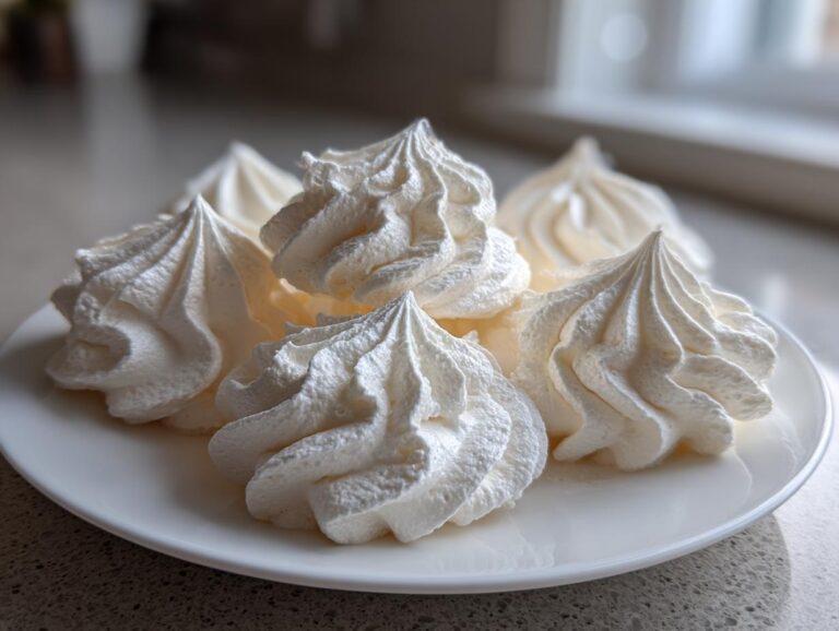 A close-up of several perfectly piped, white meringue cookies arranged on a small white plate.