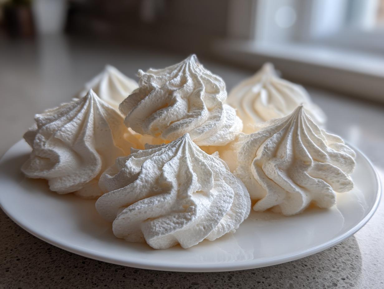 A close-up of several perfectly piped, white meringue cookies arranged on a small white plate.