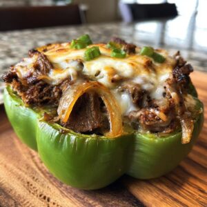 Close-up of a baked green bell pepper filled with steak, onions, and melted cheese, ready to eat as a philly cheesesteak stuffed pepper.