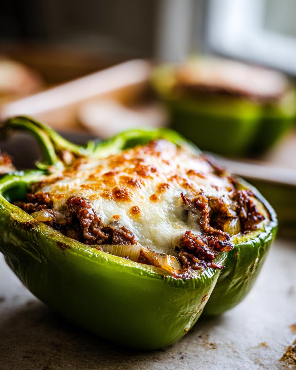 A close-up of a baked green bell pepper filled with seasoned beef and onions, topped with bubbly, melted white cheese, ready to eat as a philly cheesesteak stuffed peppers recipe.