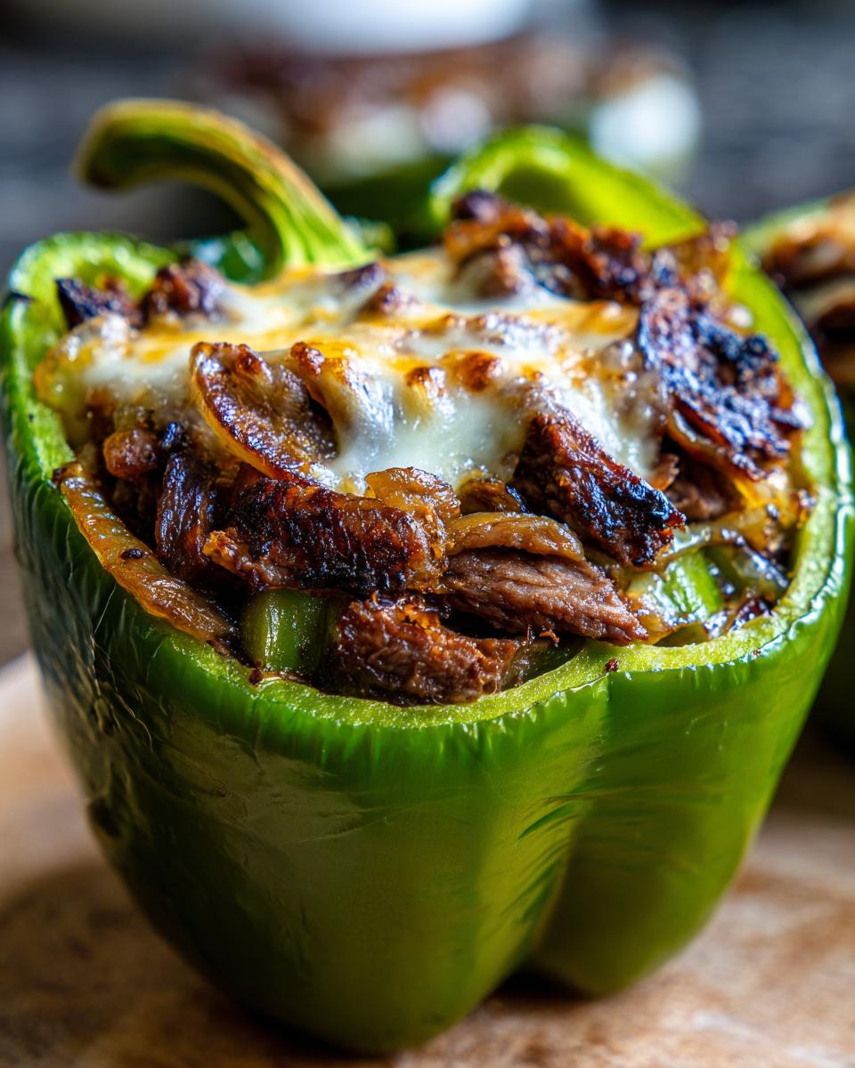 Close-up of a baked green bell pepper filled with steak, onions, and melted provolone cheese, showcasing the philly cheesesteak stuffed peppers.