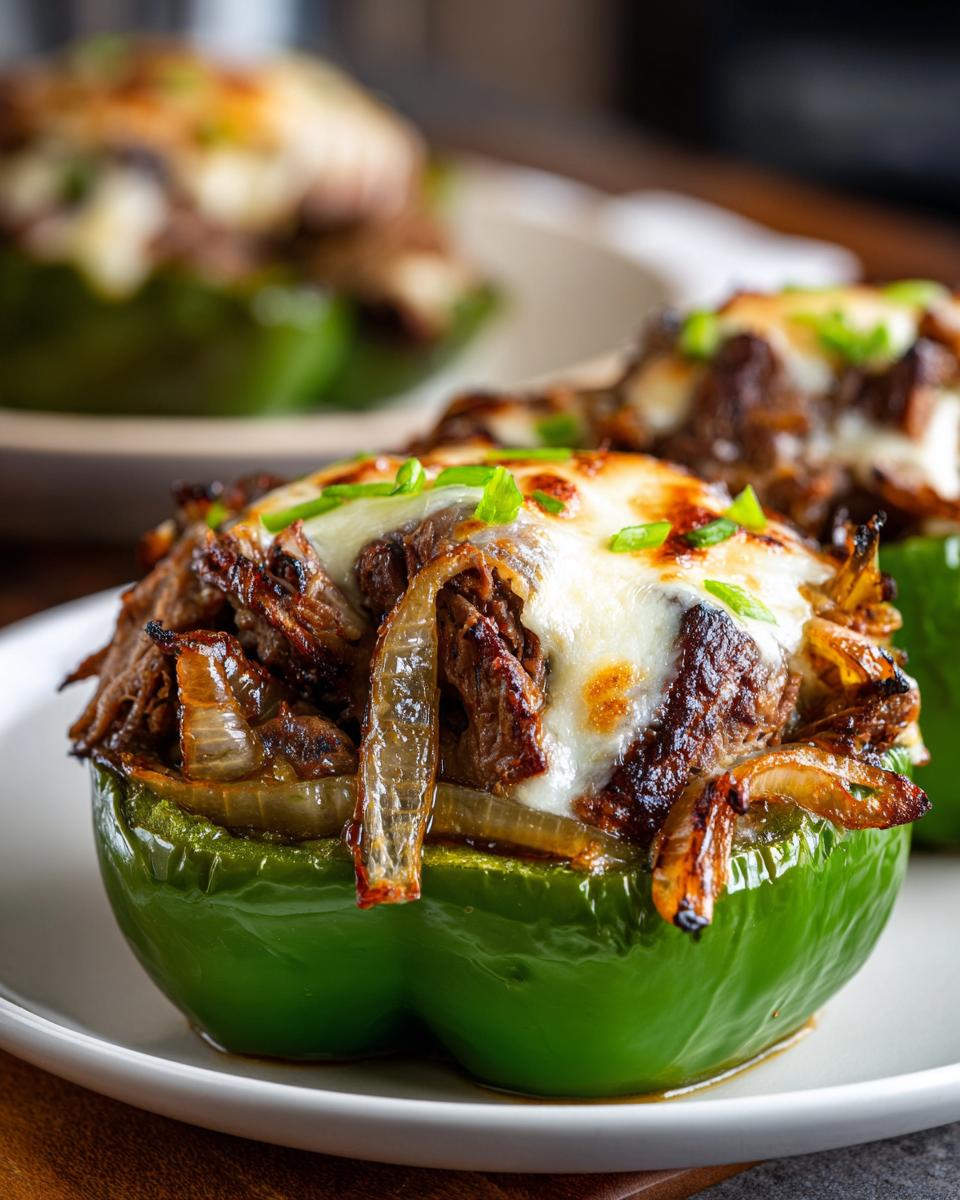 A close-up of a green bell pepper stuffed with shredded beef, caramelized onions, and melted cheese, representing philly cheesesteak stuffed peppers.