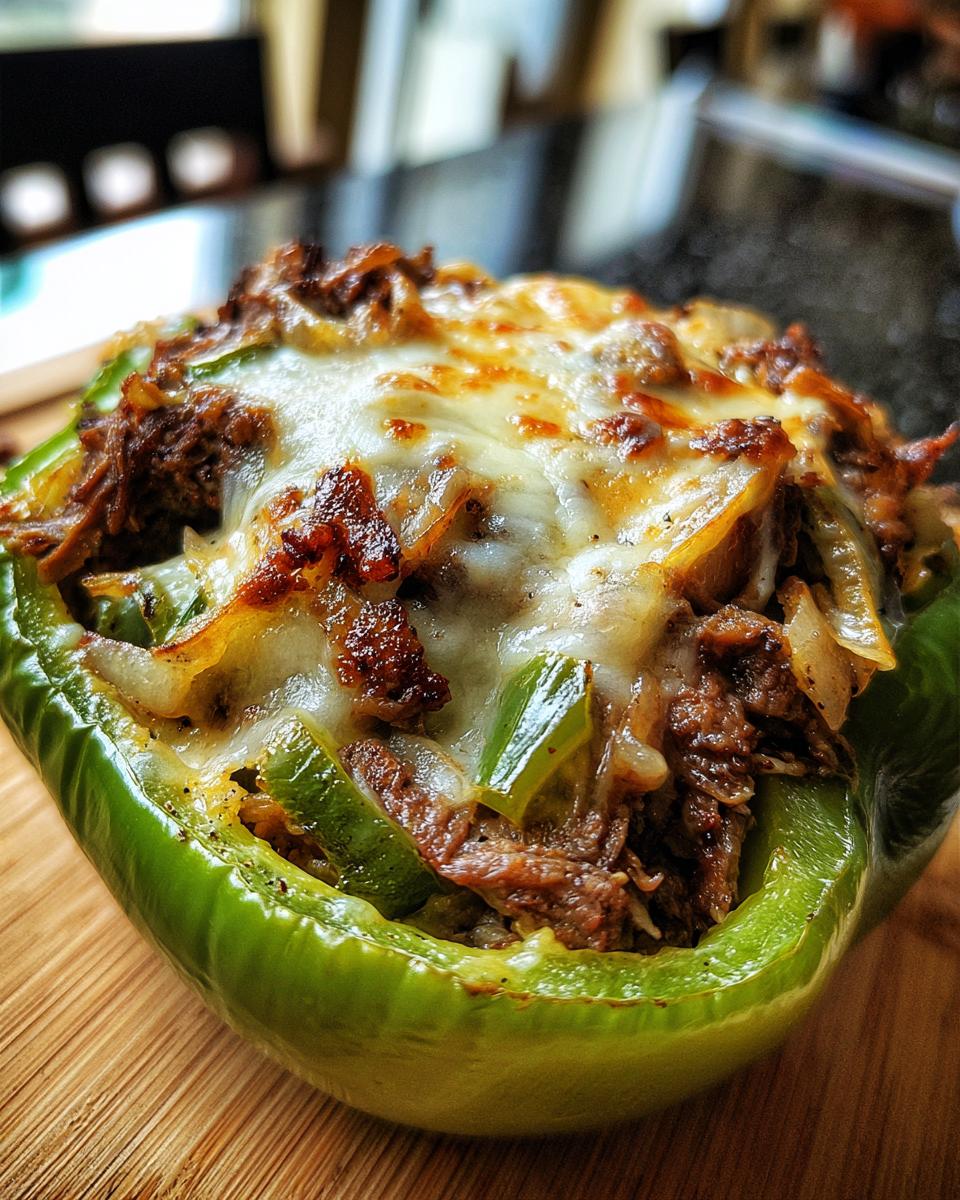 Close-up of a baked green bell pepper filled with steak, onions, and topped with melted cheese, a perfect philly cheesesteak stuffed peppers.