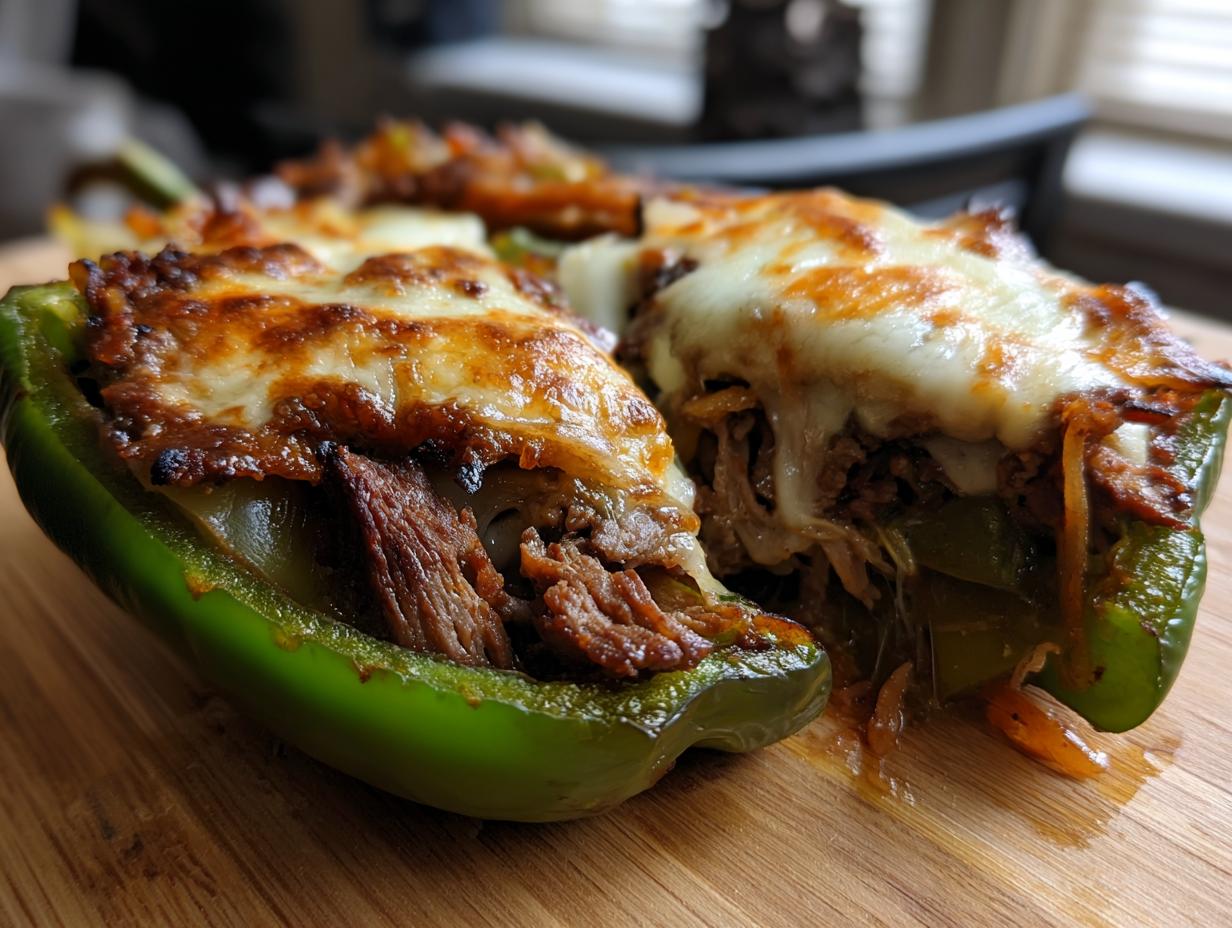 Close-up of two halves of baked green bell peppers filled with steak and onions, topped with melted, browned cheese, making delicious philly cheesesteak stuffed peppers.