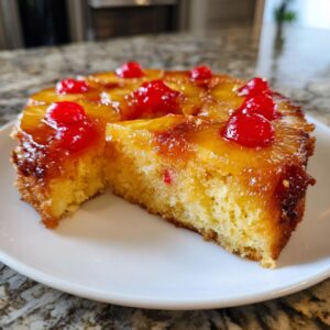 A close-up of a slice cut from a moist pineapple upside down cake topped with caramelized pineapple rings and maraschino cherries.