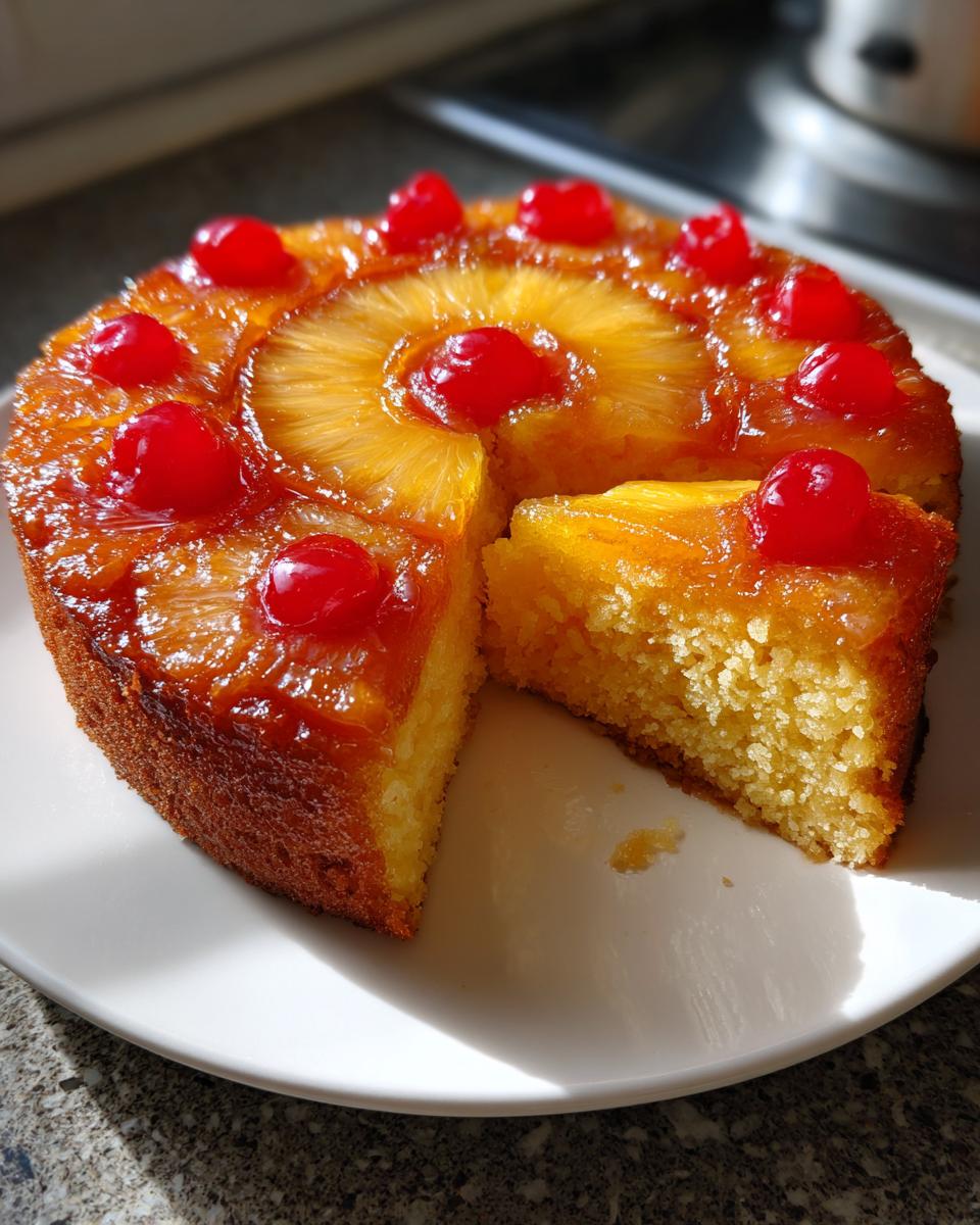 A slice cut from a golden pineapple upside down cake topped with caramelized pineapple rings and bright red maraschino cherries.