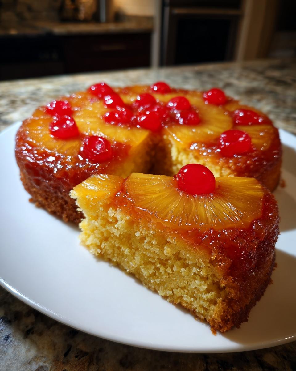 A slice of moist pineapple upside down cake topped with caramelized pineapple rings and maraschino cherries.