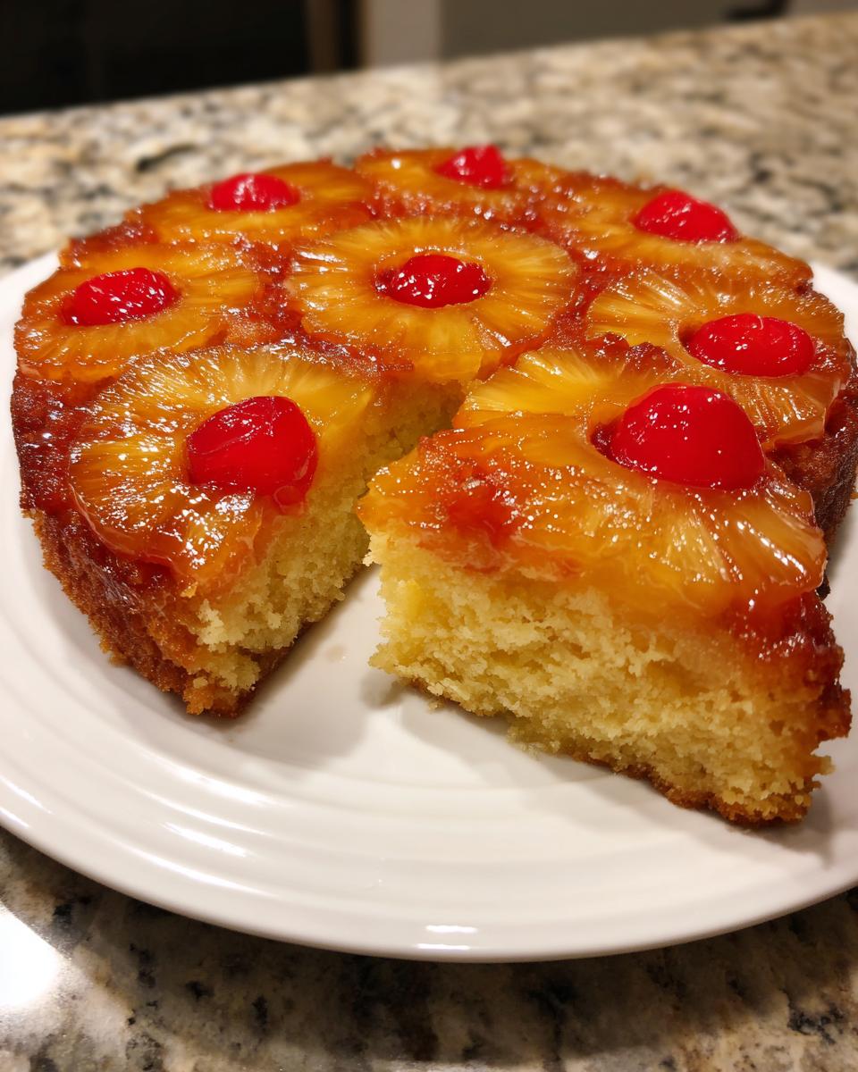 A slice cut from a glistening pineapple upside down cake topped with caramelized pineapple rings and maraschino cherries.