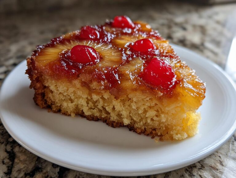 A moist slice of pineapple upside down cake topped with caramelized pineapple rings and bright red maraschino cherries.