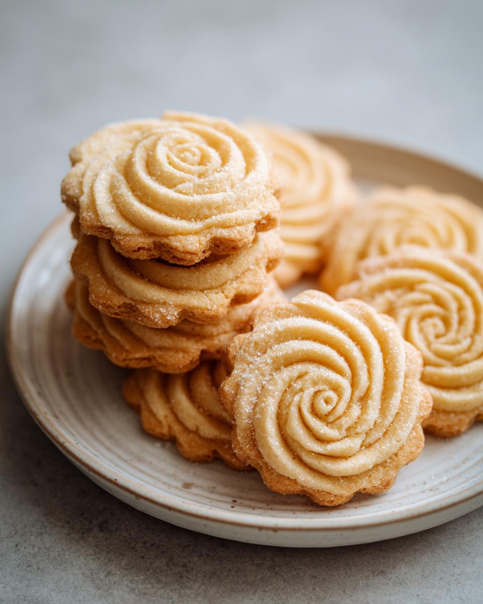 A stack and pile of golden, piped butter cookie treats dusted lightly with sugar.