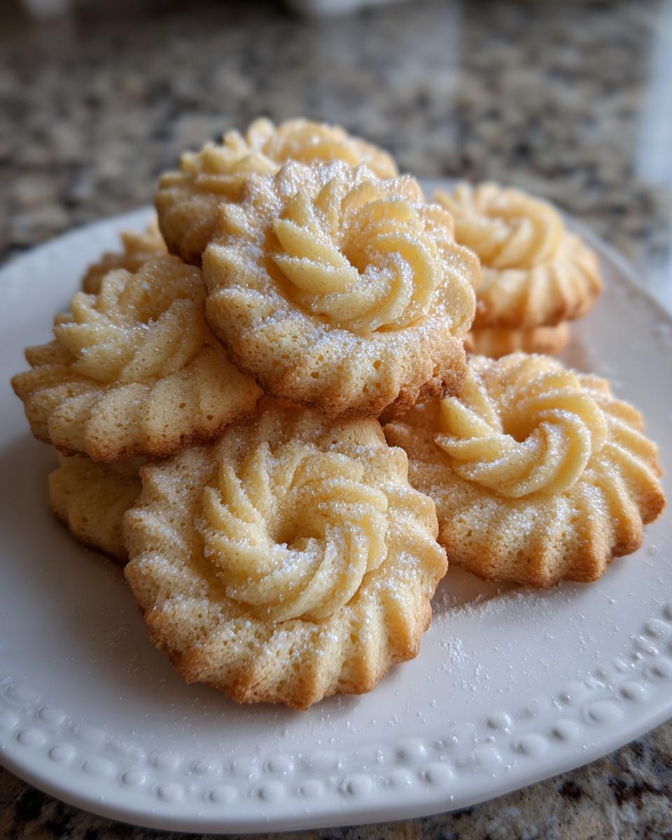 A stack of freshly baked, golden butter cookie treats with piped swirl centers, lightly dusted with powdered sugar.