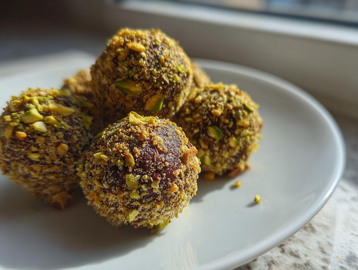 Four rich, dark dubai chocolate balls coated in finely crushed pistachios served on a white plate.