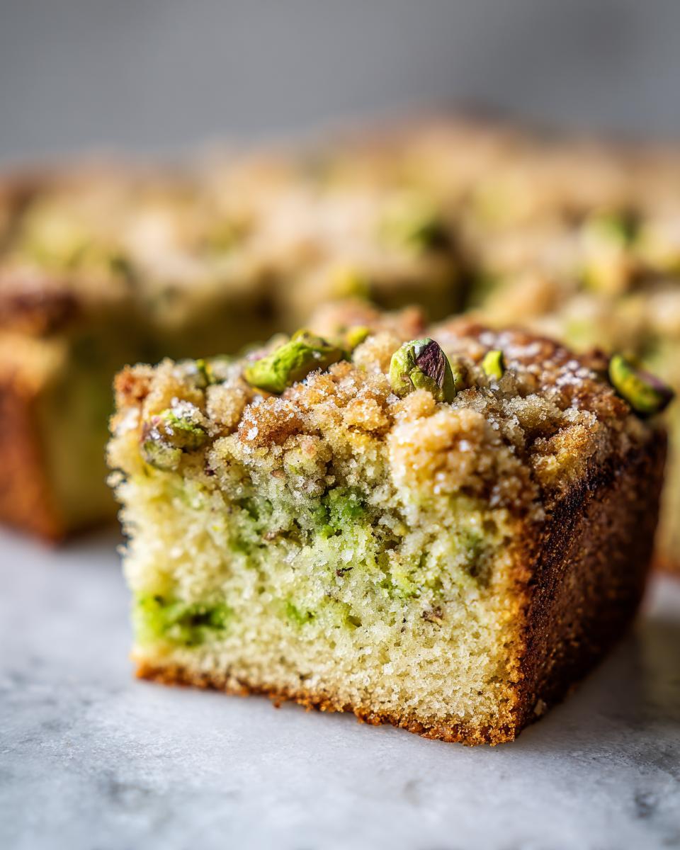 Close-up of a moist slice of pistachio coffee cake featuring a vibrant green swirl and a crunchy streusel topping with whole pistachios.