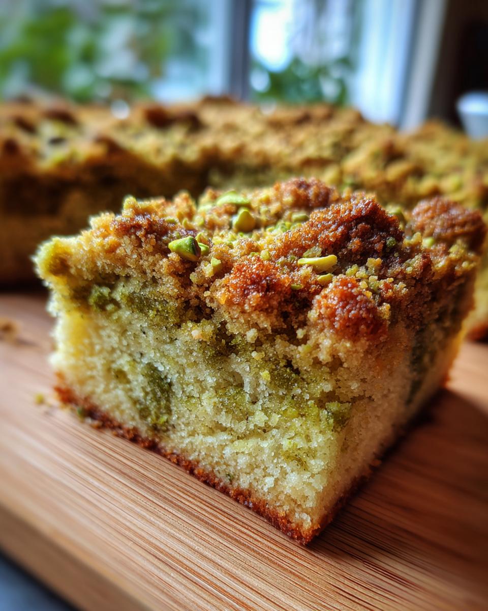 Close-up of a moist slice of pistachio coffee cake featuring green swirls and a golden brown, crunchy pistachio crumb topping.