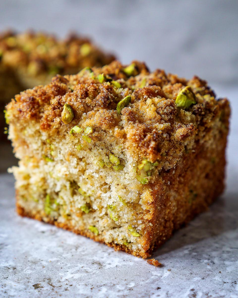 Close-up of a square slice of moist pistachio coffee cake topped with a brown sugar crumb and chopped pistachios.