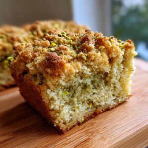 A moist square slice of pistachio coffee cake featuring a green pistachio crumb interior and a crunchy streusel topping.