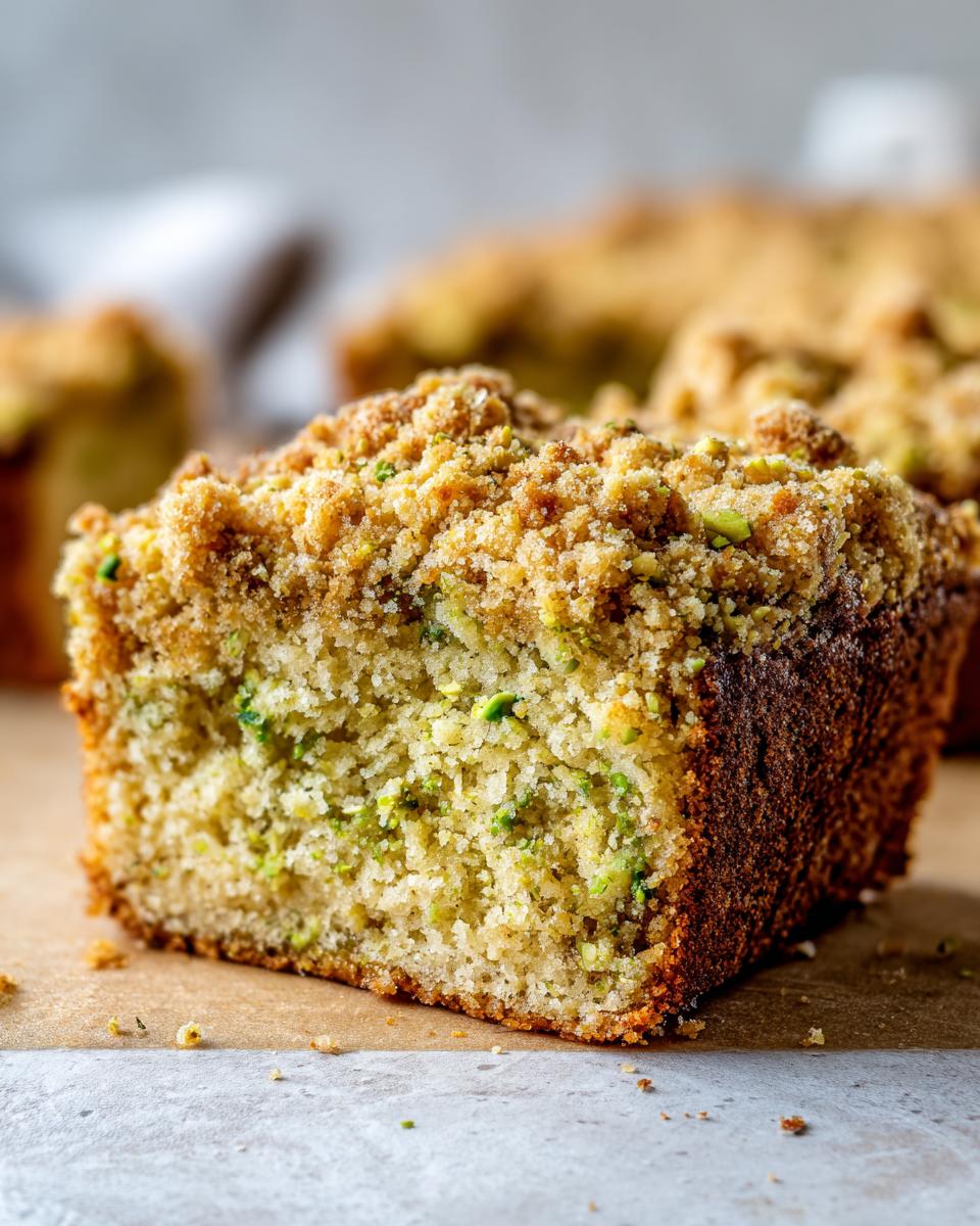 A close-up cross-section of a moist pistachio coffee cake slice topped with a thick, buttery streusel topping.
