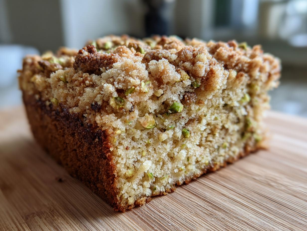 A close-up view of a thick slice of pistachio coffee cake showing the moist crumb and crunchy streusel topping studded with green pistachios.