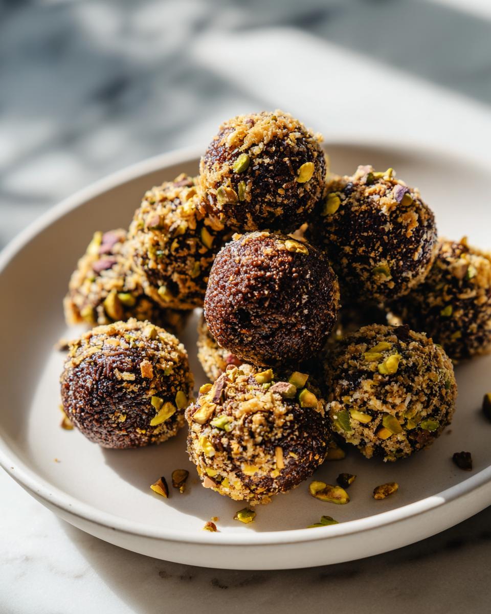 A stack of rich, dark Dubai chocolate balls rolled in crushed pistachios and crumbs, served on a light plate.