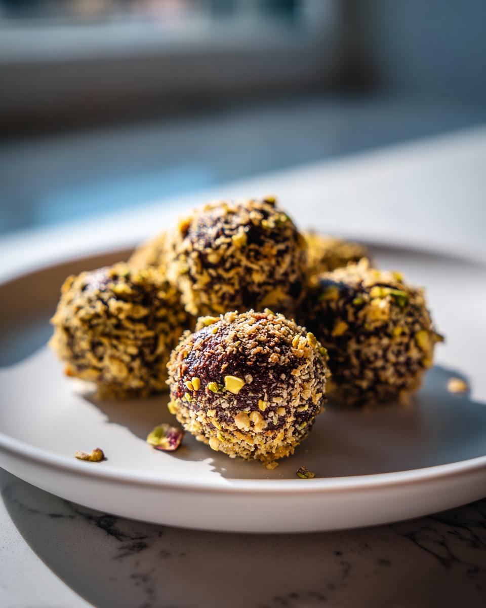 Close-up of rich, dark dubai chocolate balls rolled in crushed pistachios, served on a white plate.