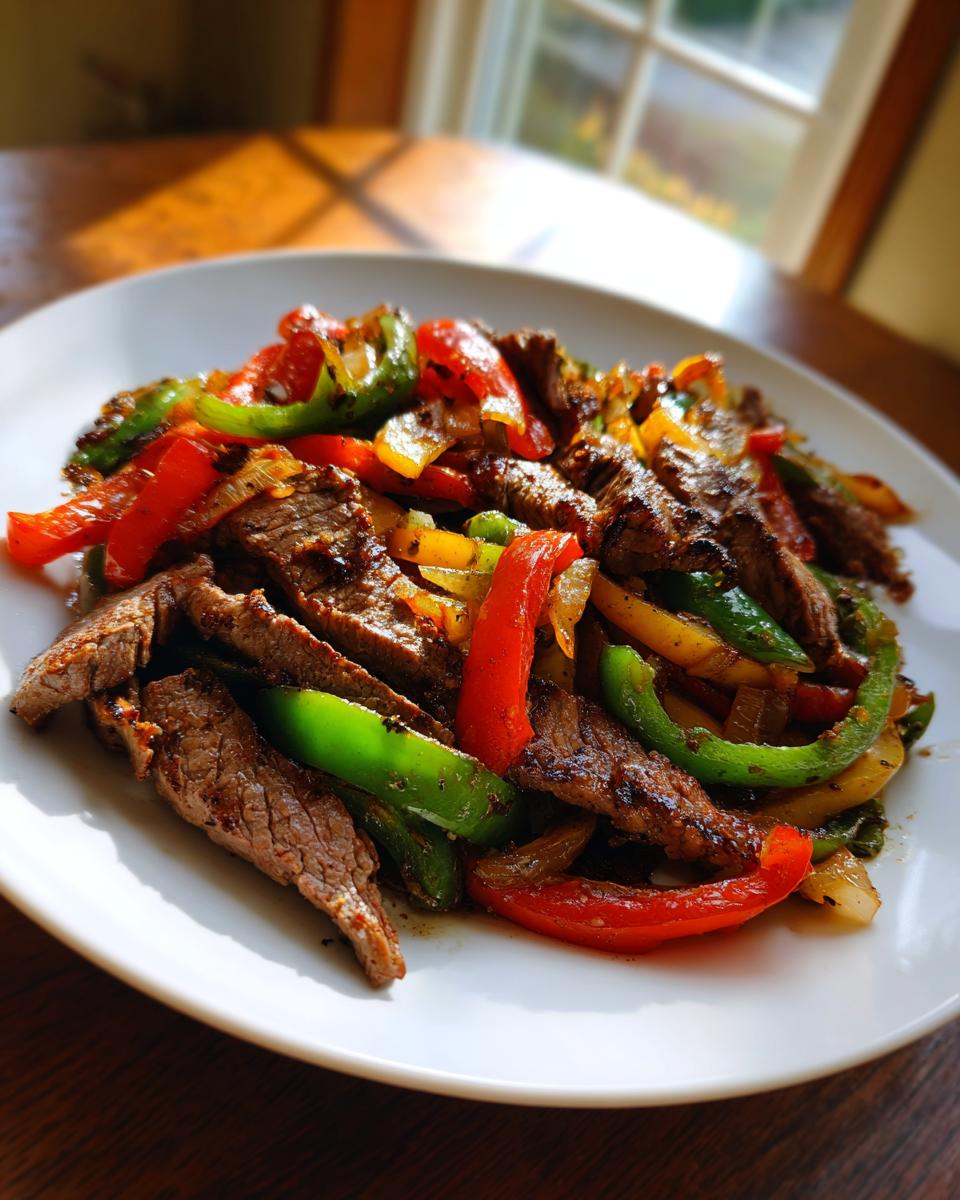 A close-up of perfectly cooked steak fajitas featuring sliced steak mixed with vibrant red, green, and yellow bell peppers.