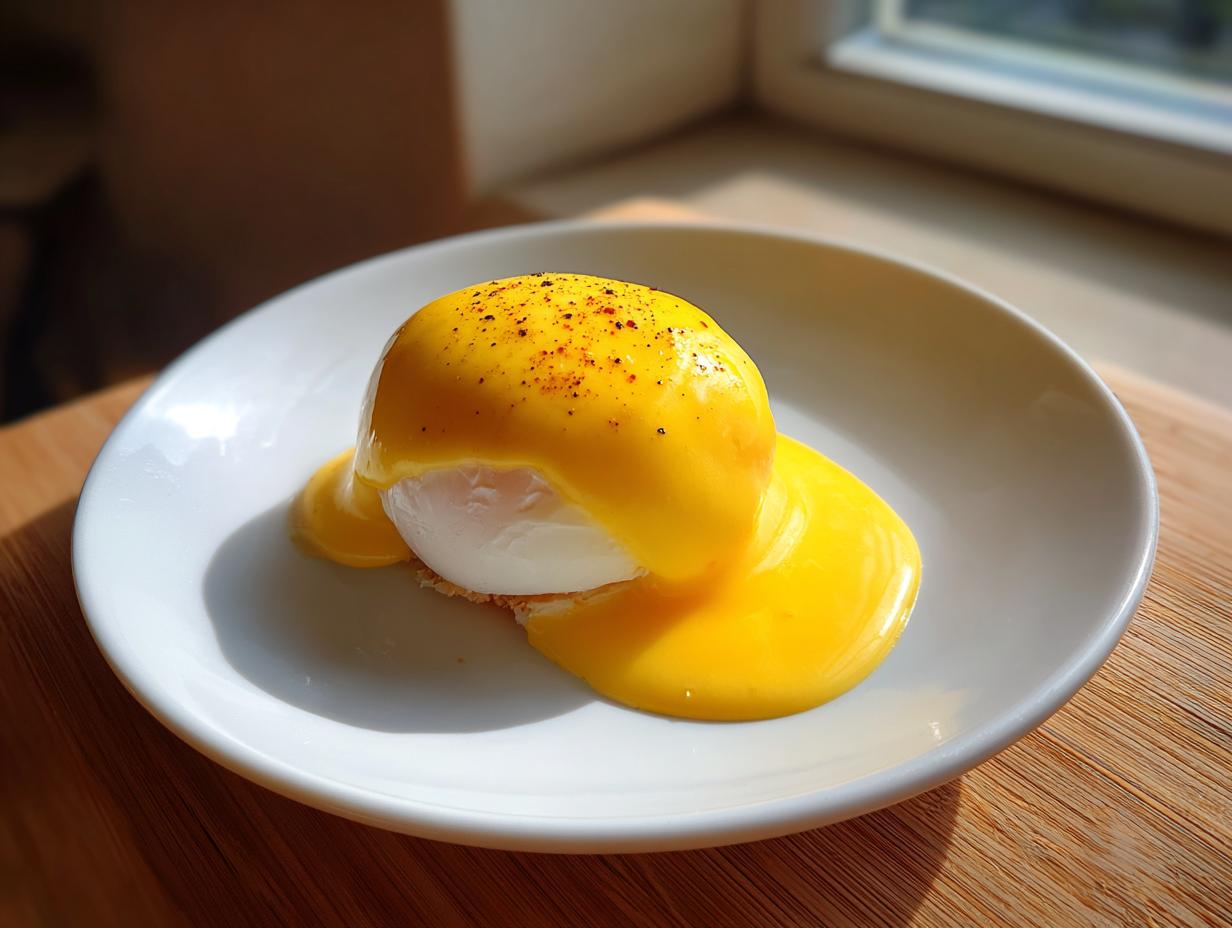 A perfectly poached egg generously covered in bright yellow hollandaise sauce and sprinkled with pepper.