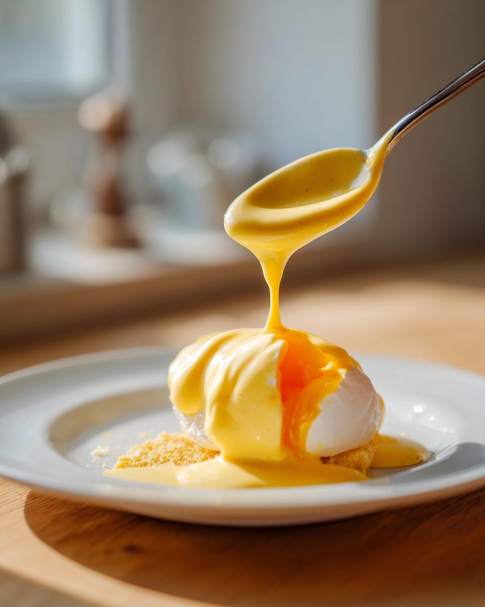 A spoonful of thick, yellow hollandaise sauce is being drizzled over a poached egg on a white plate.