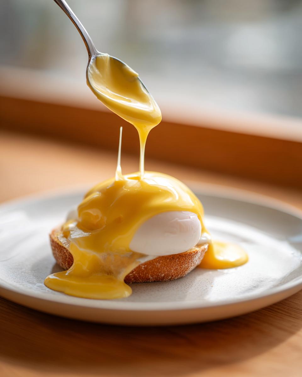 A spoonful of rich, yellow hollandaise sauce is being poured over a poached egg on toast.